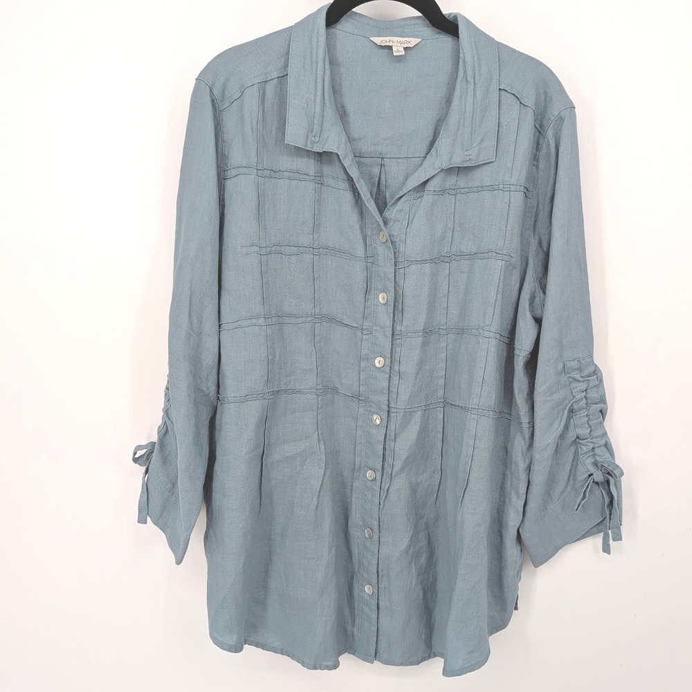 John Mark Linen Button Down Women Large Teal‎ Green Ruched Sleeve Pintuck Tunic